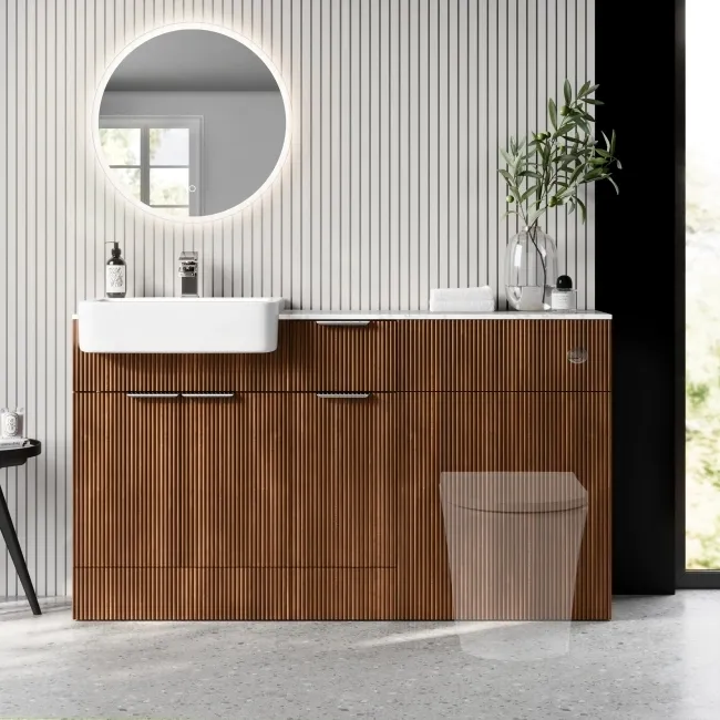 Sicily Fluted Black Walnut Combination Vanity Basin with Marble Top 1500mm (Excludes Toilet) - Chrome Handles