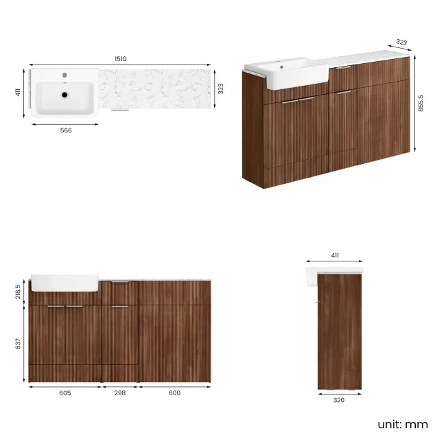 Sicily Fluted Black Walnut Combination Vanity Basin with Marble Top 1500mm (Excludes Toilet) - Chrome Handles