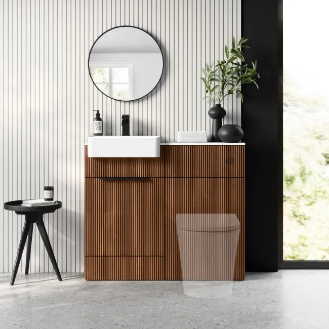 Sicily Fluted Black Walnut Basin Vanity with Marble Top & Back To Wall Unit 1000mm (Excludes Toilet) - Black Accents