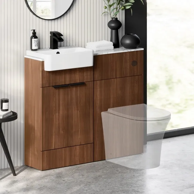 Sicily Fluted Black Walnut Basin Vanity with Marble Top & Back To Wall Unit 1000mm (Excludes Toilet) - Black Accents