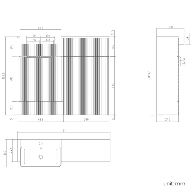 Sicily Fluted Black Walnut Basin Vanity with Marble Top & Back To Wall Unit 1000mm (Excludes Toilet) - Black Accents