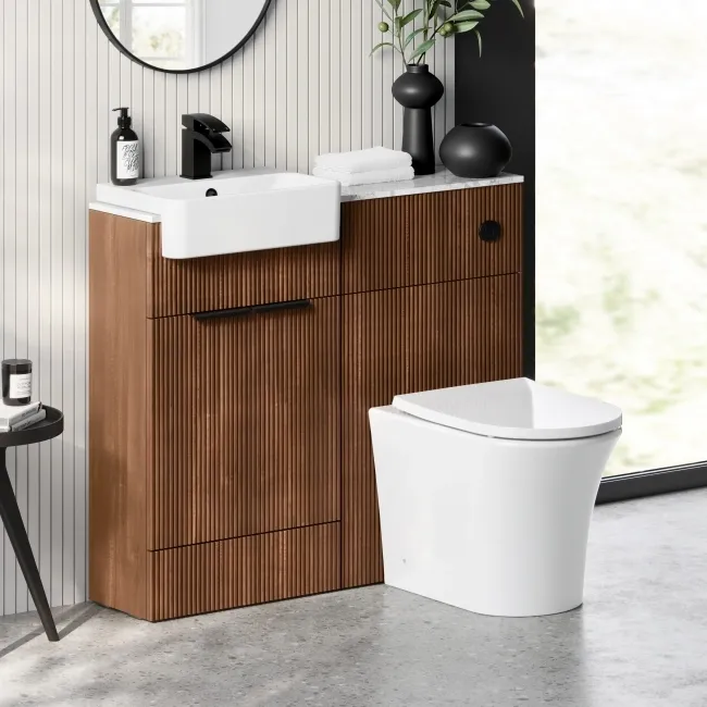 Sicily Fluted Black Walnut Combination Vanity Basin with Marble Top & Tucson Toilet 1000mm - Black Accents