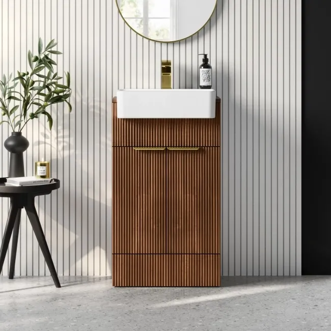Sicily Fluted Black Walnut Vanity with Semi Recessed Basin 500mm - Brushed Brass Accents