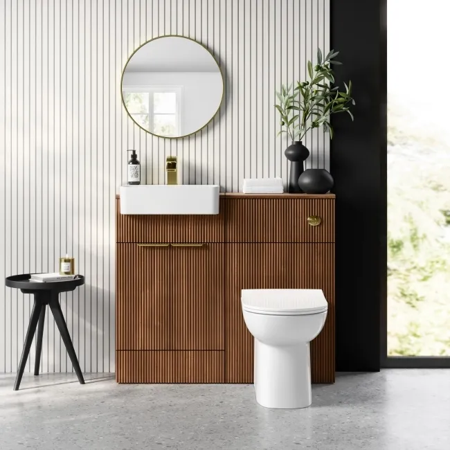 Sicily Fluted Black Walnut Vanity with Semi Recessed Basin 500mm - Brushed Brass Accents