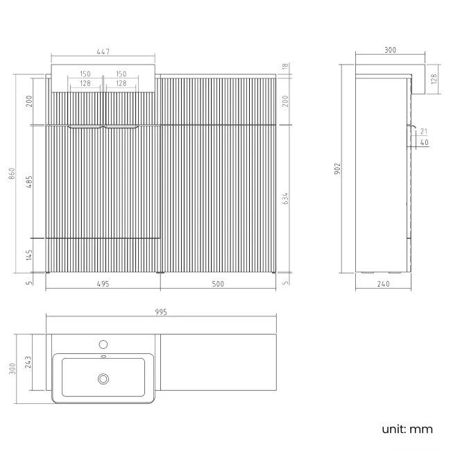 Sicily Fluted Black Walnut Vanity and Back To Wall Toilet Unit 1000mm (Excludes Toilet) - Brushed Brass Accents