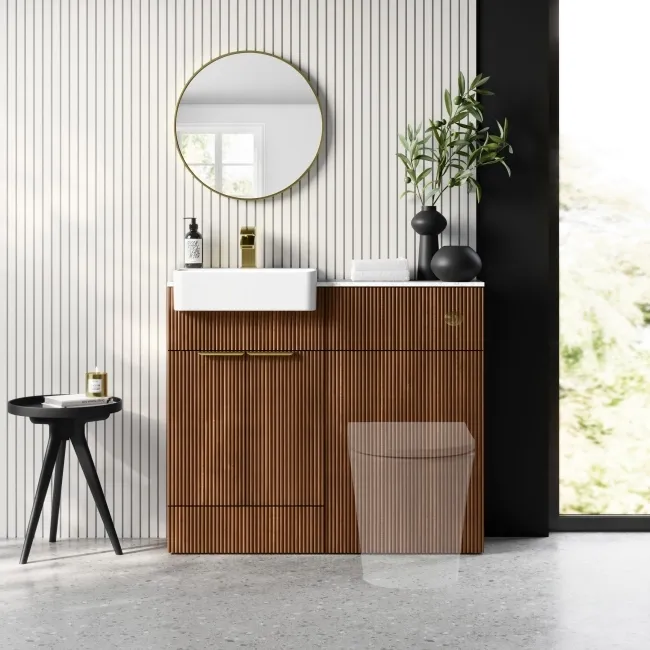 Sicily Fluted Black Walnut Basin Vanity with Marble Top & Back To Wall Unit 1000mm (Excludes Toilet) - Brushed Brass Accents