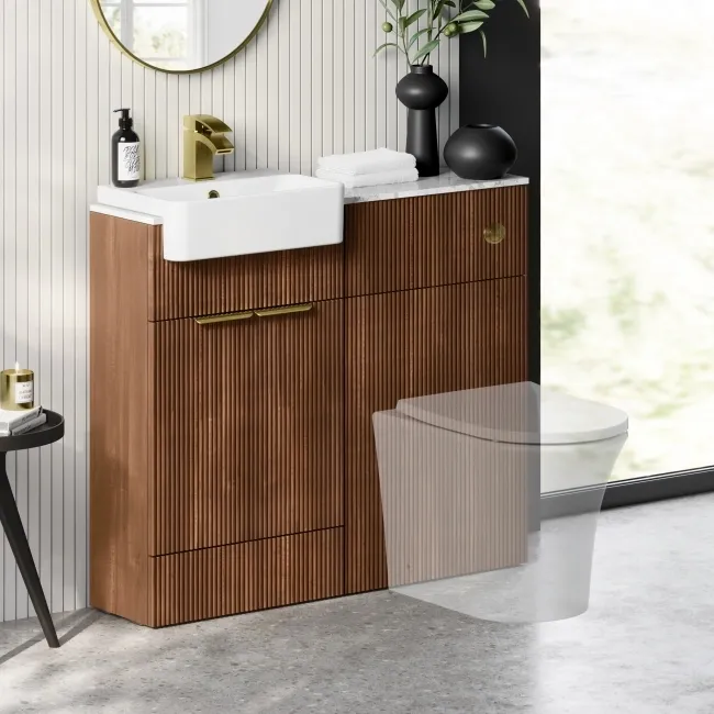 Sicily Fluted Black Walnut Basin Vanity with Marble Top & Back To Wall Unit 1000mm (Excludes Toilet) - Brushed Brass Accents
