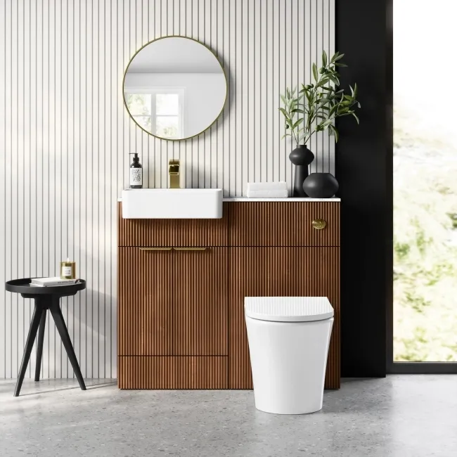 Sicily Fluted Black Walnut Combination Vanity Basin with Marble Top & Tucson Toilet 1000mm - Brushed Brass Accents