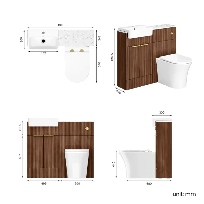 Sicily Fluted Black Walnut Combination Vanity Basin with Marble Top & Tucson Toilet 1000mm - Brushed Brass Accents