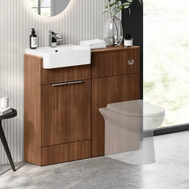 Sicily Fluted Black Walnut Vanity and Back To Wall Toilet Unit 1000mm (Excludes Toilet) - Chrome Handles
