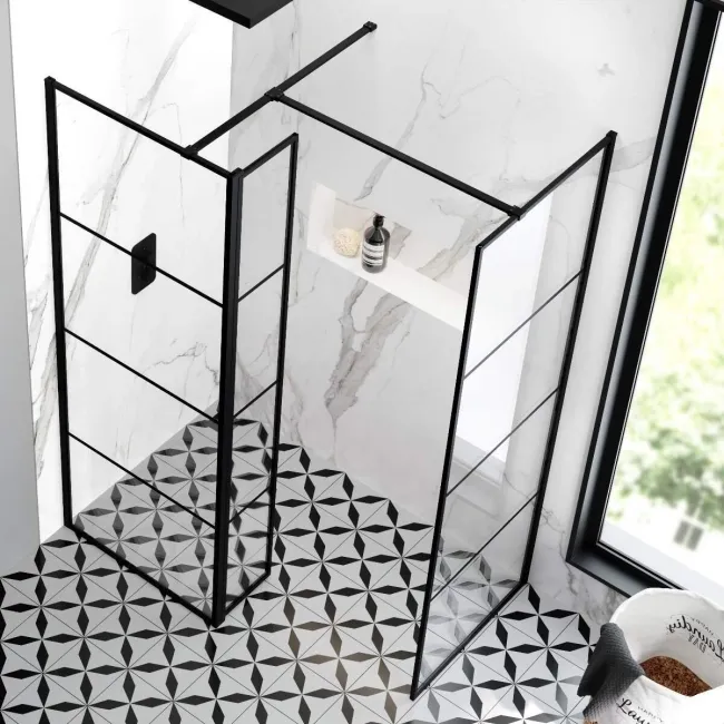 Munich Matt Black Grid 8mm Walk In Shower Enclosure 700mm & 700mm Glass with Pivotal Return Panel