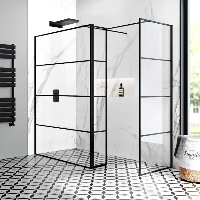Munich Matt Black Grid 8mm Walk In Shower Enclosure 1400mm & 800mm Glass with Pivotal Return Panel