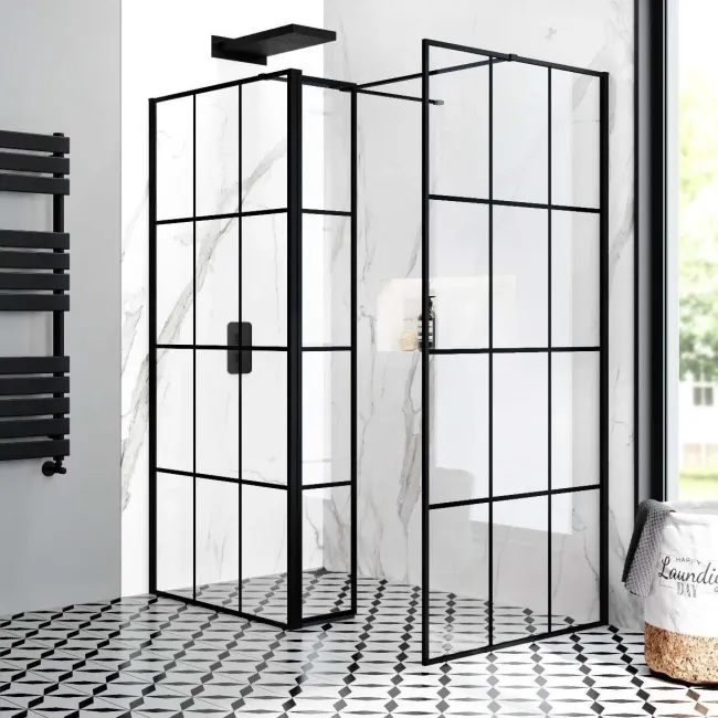 Munich Matt Black Grid 8mm Walk In Shower Enclosure 900mm & 900mm Glass with Pivotal Return Panel