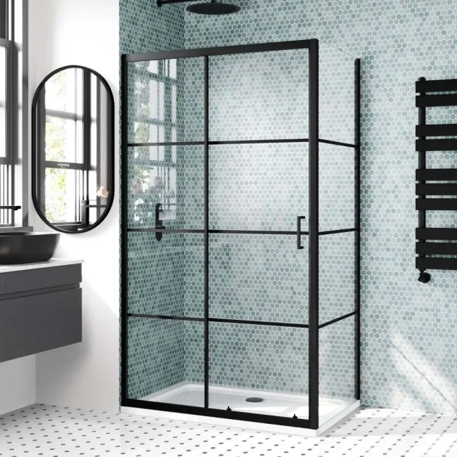 London Matt Black Grid 6mm Sliding Shower Enclosure 1100x800mm