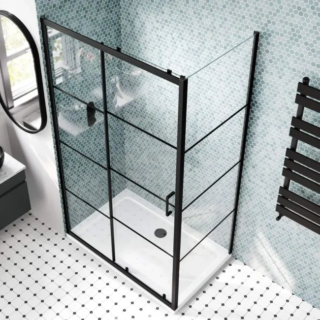 London Matt Black Grid 6mm Sliding Shower Enclosure 1100x800mm