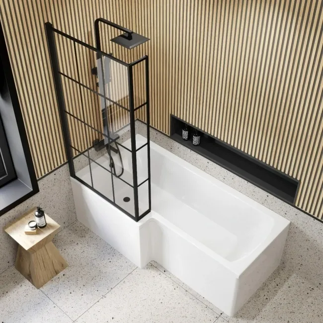 Zurich Easy Clean Matt Black Grid L Shaped Bath Screen - 800mm