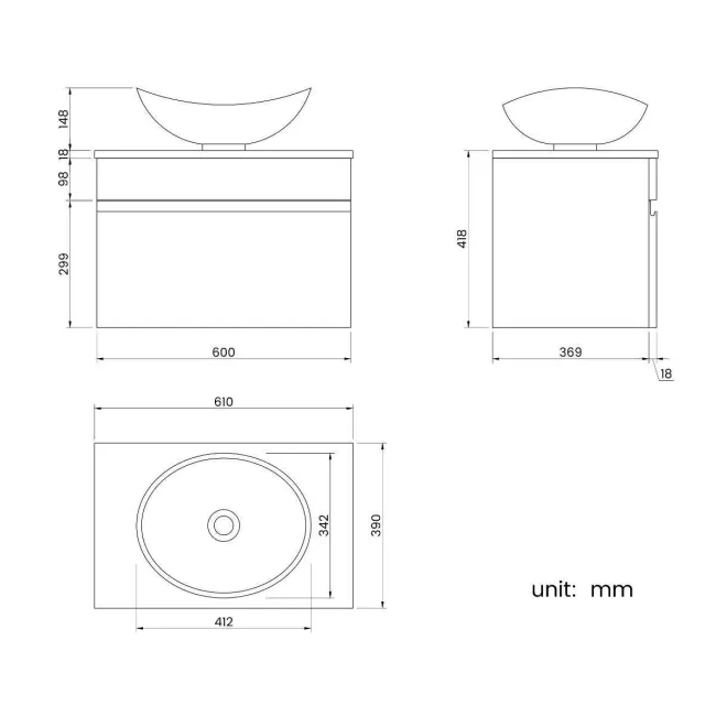 Trent Gloss White Wall Hung Drawer Vanity with Oval Counter Top Basin 600mm