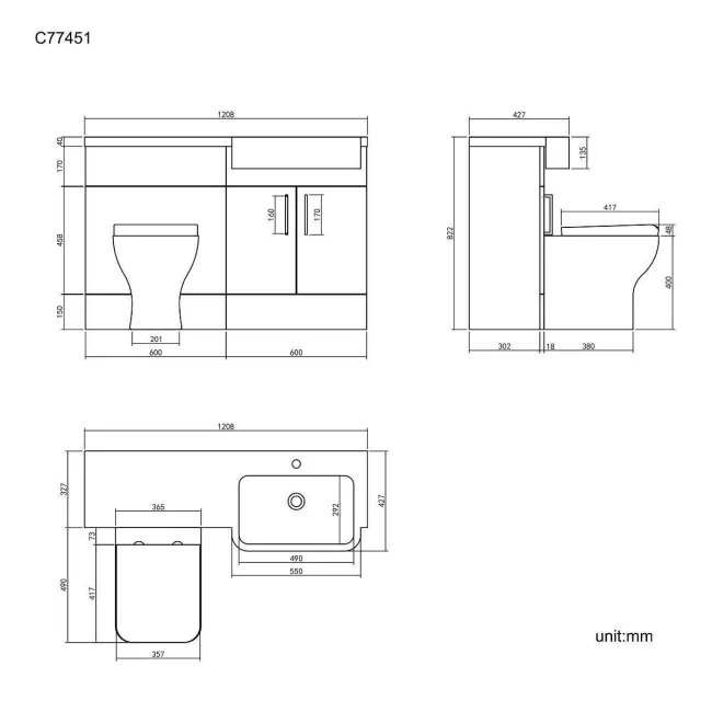 Harper Charcoal Elm Combination Vanity Basin and Atlanta Toilet 1200mm - Right Handed