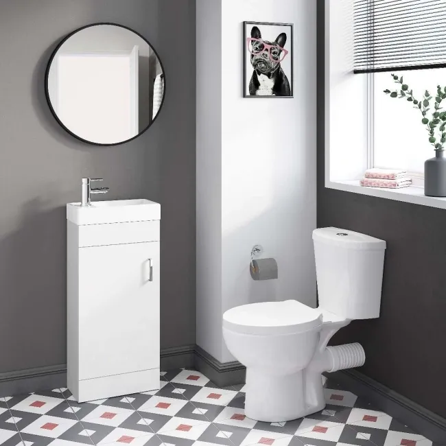 Quartz Gloss White Cloakroom Floor Standing Basin Vanity 400mm and Round Toilet Set