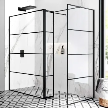 Munich Matt Black Grid 8mm Walk In Shower Enclosure 1400mm & 900mm Glass with Pivotal Return Panel