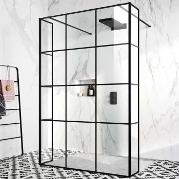 Munich Matt Black Grid 8mm Walk Through Wet Room Shower Glass Panel 1400mm & 250mm Return Panel