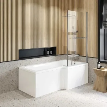 L Shaped 1700 Shower Bath with Front Panel & 6mm Easy Clean Screen with Rail - Right Handed