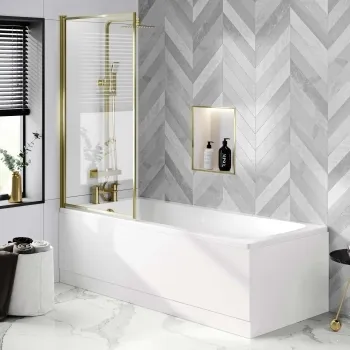 Hereford 1800x800 Square Shower Bath & 6mm Easy Clean Brushed Brass Framed Bath Screen