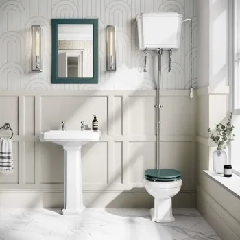 Hudson Traditional High-Level Toilet With Midnight Green Seat & Pedestal Basin - Double Tap Hole