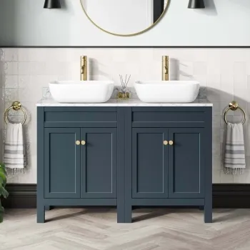 Bermuda Inky Blue Vanity with Marble Top & Curved Counter Top Basin 1200mm - Brushed Brass Accents