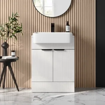 Sicily Fluted Coastal White Vanity with Semi Recessed Basin 600mm - Black Accents