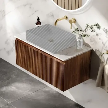 Malta Fluted Black Walnut Wall Hung Drawer Vanity with Marble Top 800mm - Excludes Counter Top Basin