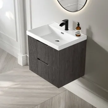 Crete Fluted Charcoal Elm Wall Hung Basin Drawer Vanity 600mm