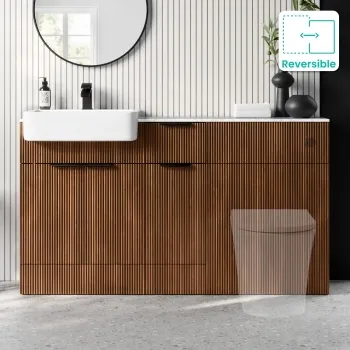 Sicily Fluted Black Walnut Combination Vanity Basin with Marble Top 1500mm (Excludes Toilet) - Black Accents