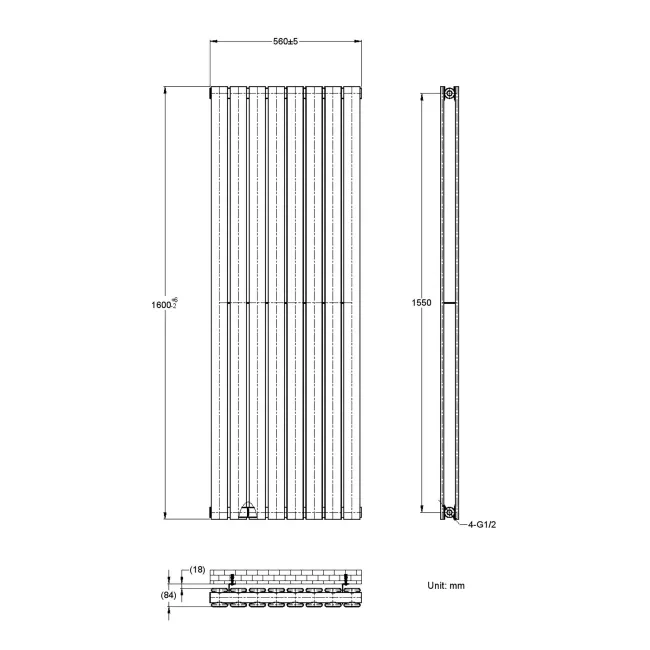 Faro Matt Black Double Flat Panel Vertical Radiator 1600x560mm