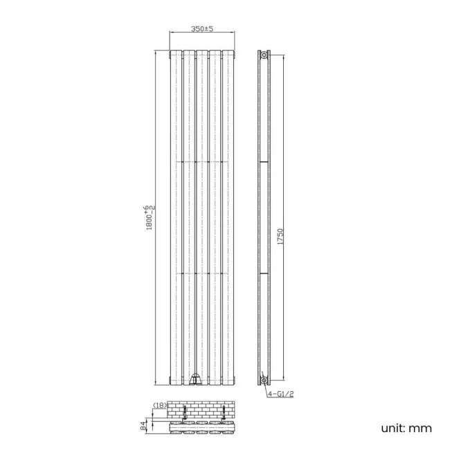 Faro Matt Black Double Flat Panel Vertical Radiator 1800x350mm