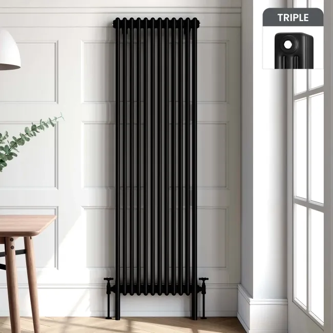 Athens Matt Black Triple Column Vertical Traditional Radiator 1800x560mm