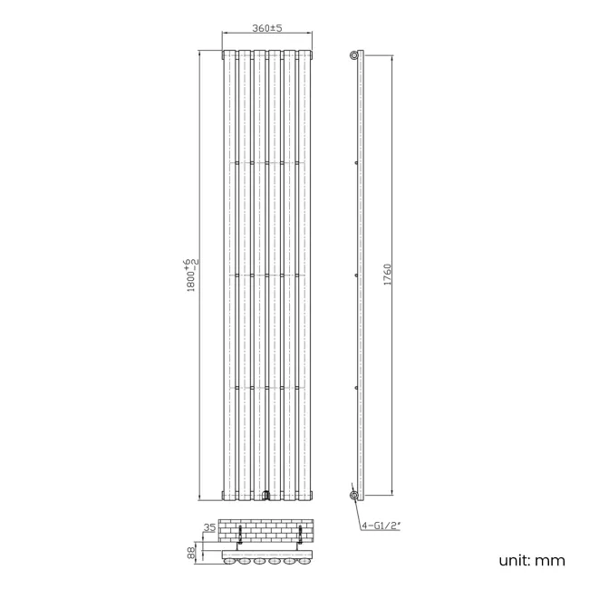 Marbella Matt Black Single Oval Panel Radiator 1800x360mm