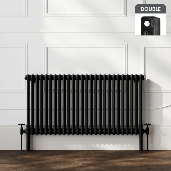 Athens Matt Black Double Column Horizontal Traditional Radiator 600x1190mm
