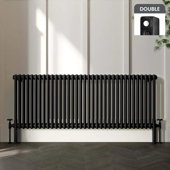 Athens Matt Black Double Column Horizontal Traditional Radiator 600x1595mm
