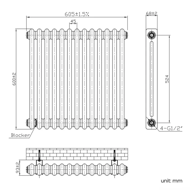Athens Inky Blue Double Column Horizontal Traditional Radiator 600x605mm