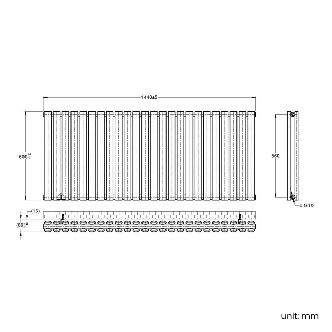 Marbella Matt Black Double Oval Panel Radiator 600x1440mm