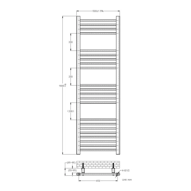 Barcelona Anthracite Straight Heated Towel Rail 1600x500mm