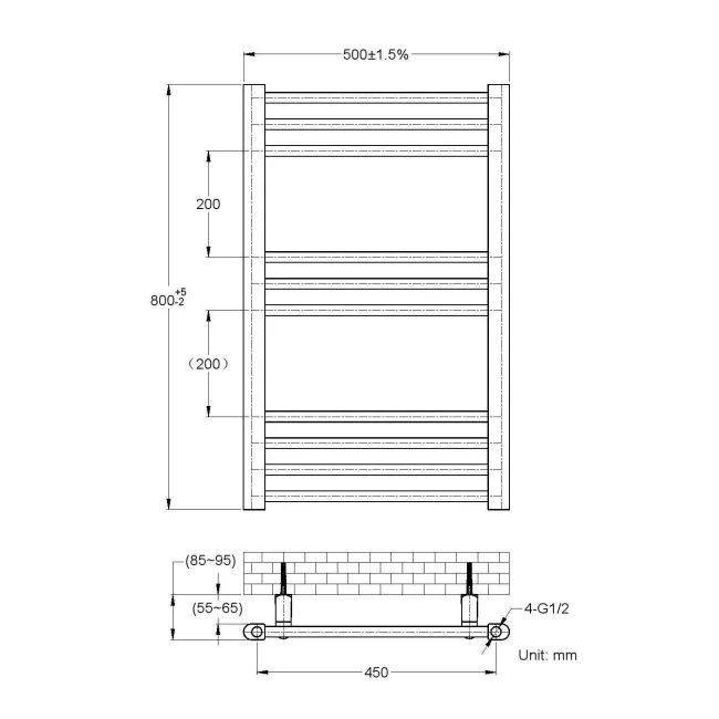 Barcelona Matt Black Straight Heated Towel Rail 800x500mm