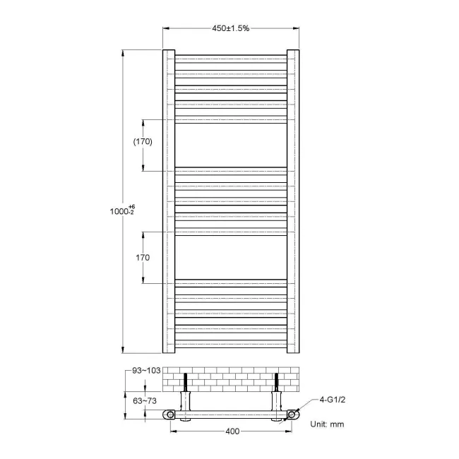 Naples Premium Matt Black Straight Heated Towel Rail 1000x450mm