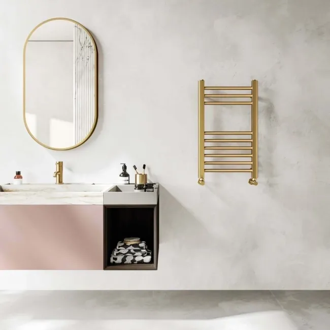 Barcelona Brushed Brass Straight Heated Towel Rail 650x400mm