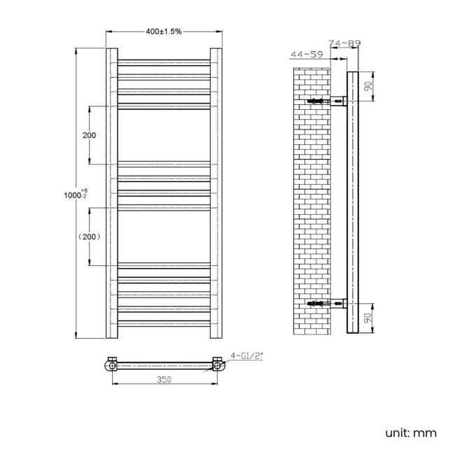 Barcelona Brushed Brass Straight Heated Towel Rail 1000x400mm