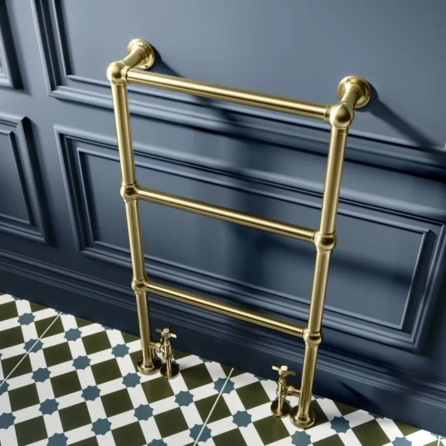 Gibraltar Floor Standing Traditional Brushed Brass Heated Towel Rail 915x535mm