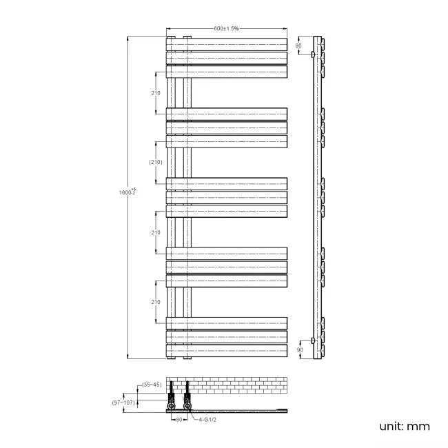 Seville Brushed Brass Designer Flat Panel Heated Towel Rail 1600x600mm