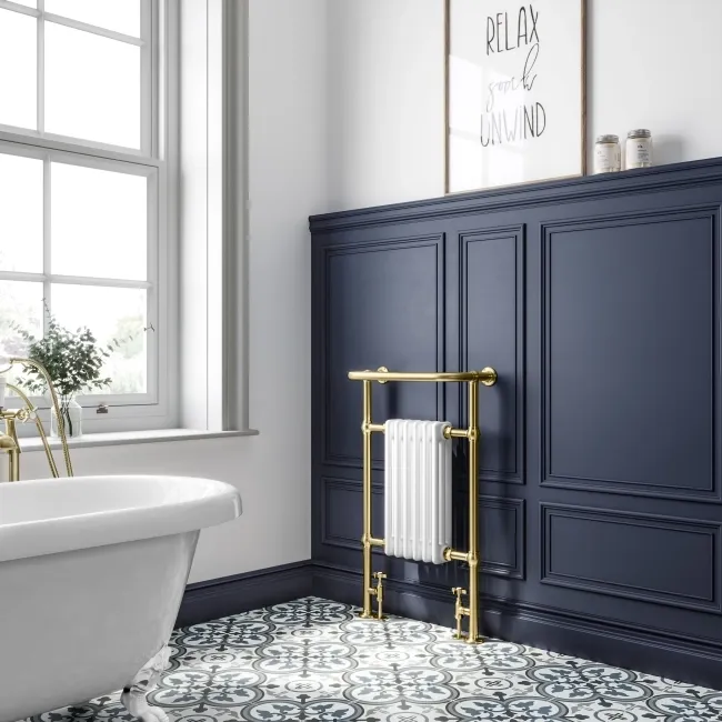 Gibraltar Medium Brushed Brass Traditional Heated Towel Radiator (With Overhanging Rail)