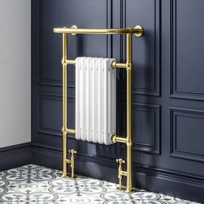 Gibraltar Medium Brushed Brass Traditional Heated Towel Radiator (With Overhanging Rail)